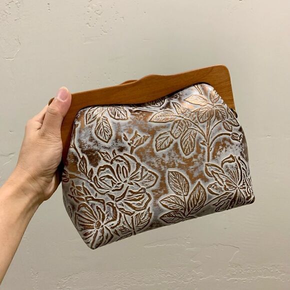 Handmade Genuine Cowhide Floral Embossed, Wooden Frame Bag & 2 Strap Styles - Picture 3 of 16